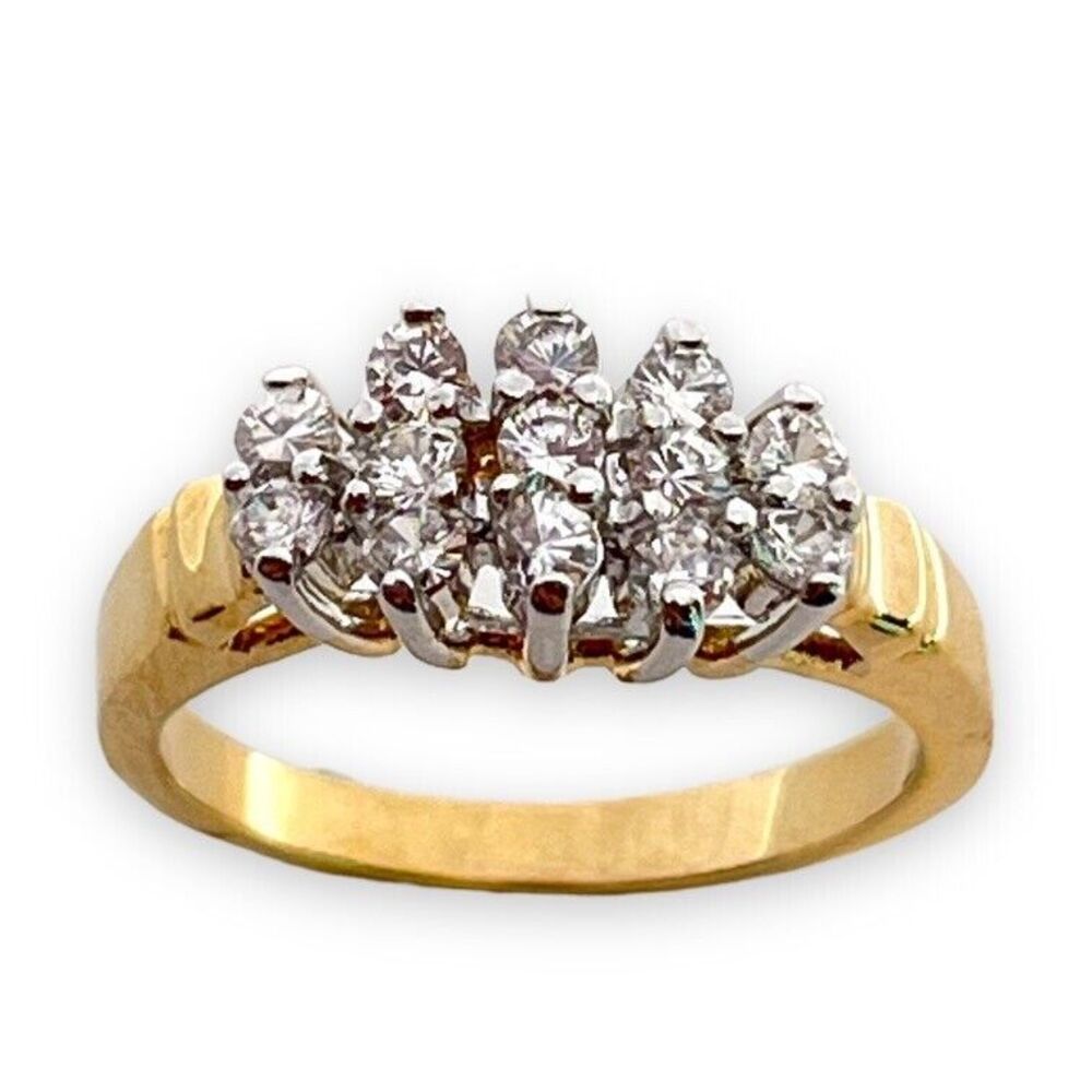 Vintage 1970s Ring Size 5 CZ Cluster Prong Set Gold Plated Cocktail - 14H